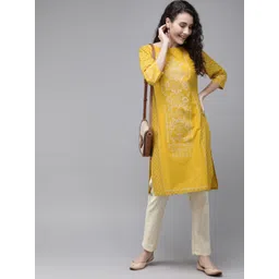 Anouk Women Mustard Yellow & Off-White Printed Kurta with Trousers-picture-27
