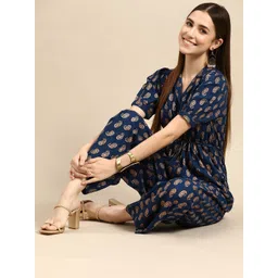 Anouk Women Navy Blue & Golden Ethnic Motifs Printed Basic Jumpsuit-picture-24
