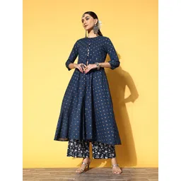 Anouk Women Navy Blue & Off-White Printed Pure Cotton Crop Top with Palazzos & Jacket-picture-15