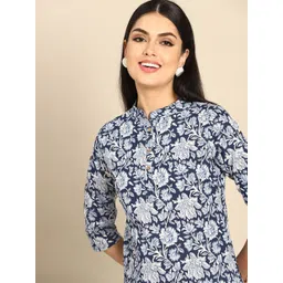 Anouk Women Navy Blue & White Pure Cotton Ethnic Motifs Printed Kurta-picture-13