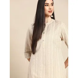Anouk Women Off-White Cotton Self-Striped Foil Print Kurta-picture-24