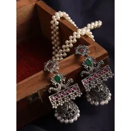 Anouk Women Pink & Green Oxidised Silver-Plated Floral Jhumkas Earrings-image-36