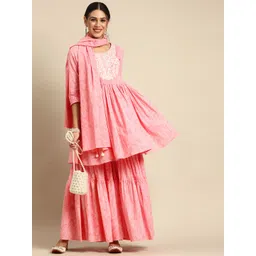 Anouk Women Pink & White Ethnic Print Pleated Cotton Anarkali Kurta Sharara Dupatta-image-22