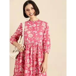 Anouk Women Pink & White Floral Printed Gathered Ethnic A-Line Midi Dress-image-29