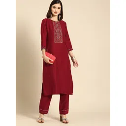 Anouk Women Red Floral Yoke Design Regular Pure Cotton Kurta with Palazzos-picture-19
