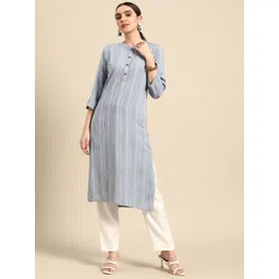 Anouk Women Striped Embroidered Kantha Work Pastel Kurta-picture-22