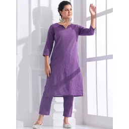 Anouk Women Striped Regular Kantha Work Pure Cotton Kurta with Trousers-picture-16