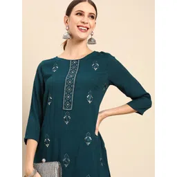 Anouk Women Teal Blue Embroidered Regular Mirror Work Kurta with Palazzos-picture-28