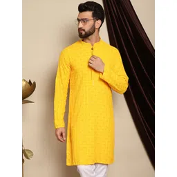 Anouk Yellow Embroidered Sequined Mandarin Collar Pure Cotton Kurta-picture-30
