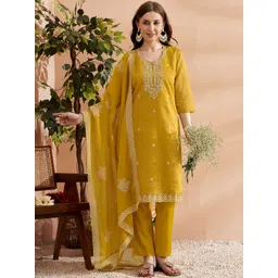 Anouk Yellow Ethnic Motifs Embroidered Thread Work Straight Kurta With Trousers &Dupatta-picture-21