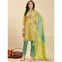 Anouk Yellow Floral Printed Mandarin Collar Straight Kurta & Trouser With Dupatta-picture-36