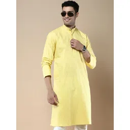 Anouk Yellow Geometric Woven Design Mandarin Collar Cotton Silk Straight Kurta-picture-31