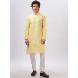Anouk Yellow Woven Design Embroidered Mandarin Collar Cotton Straight Kurta-picture-41