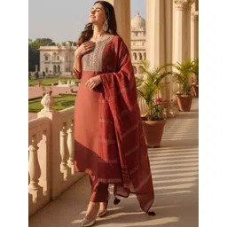Anouk Mirage Women Ethnic Motifs Embroidered Regular Thread Work Kurta with Trousers & With Dupatta image 1
