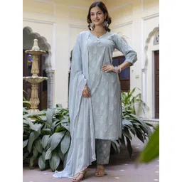 Anouk Floral Printed Thread Work Pure Cotton Straight Kurta With Trousers And Dupatta-image-29
