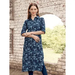 anouk rustic Anouk Blue Floral Printed Shirt Collar Pure Cotton Straight Kurta-picture-33