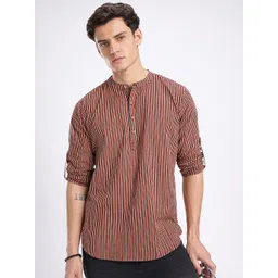 Anouk Rustic Band Collar Striped Roll-Up Sleeves Kurta-picture-13