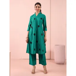 Anouk Rustic Polka Dot Printed V-Neck Pure Cotton A-Line Kurta With Palazzos-picture-28