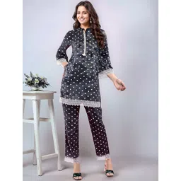 anouk rustic Women Polka Dot Printed Cotton Blend Kurta Pant Set with Lace Detail-picture-14