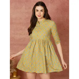 antaran Abstract Printed Mandarin Collar Gathered Pure Cotton Fit & Flare Mini Dress-picture-20