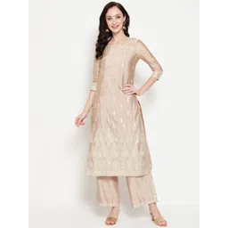 antaran Women Beige Ethnic Motifs Embroidered Regular Chanderi Silk Kurta with Palazzos-picture-21