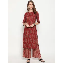 antaran Women Maroon Ethnic Motifs Printed Regular Pure Cotton Kurta with Palazzos-picture-34