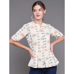 antaran Women Off White & Green Floral Print Mandarin Collar Pure Cotton Top-picture-12