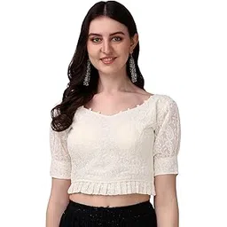 anthari designer Women's Georgett Blouse Indian Ethnic Designer Wear Blouse Lucknowi Embroidery Puff Sleeve Tie Up Baby Pink Blouse Saree Blouse Simple Sari Blouse-picture-29