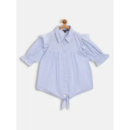 Antheaa Blue & White Striped Front Tie-Up Shirt Style Top-picture-41