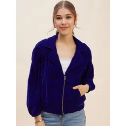 Antheaa Blue Lapel Collar Long Sleeves Velvet Bomber Jacket-picture-39