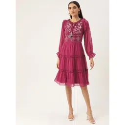Antheaa Burgundy Self Design Embroidered Detail Tiered Dress-picture-29