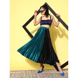 Antheaa Colourblocked Accordion Pleated Satin Midi Skirt-picture-41