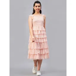 Antheaa Girls Peach Polka Dots Printed Shoulder Straps Layered Fit & Flare Midi Dress-picture-11