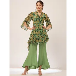 Antheaa Green Floral Printed Mandarin Collar Flared Sleeves Co-Ords-picture-15