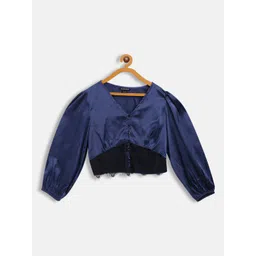 Antheaa Navy Blue Smocked Laced Satin Crop Top-picture-43