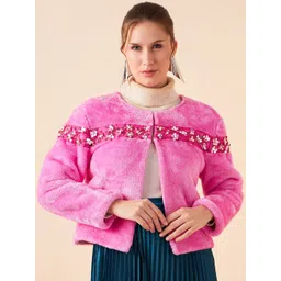 Antheaa Pink Self Design Collarless Long Sleeves Studded Tailored Jacket-picture-11