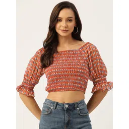 Antheaa Rust Orange & Blue Geometric Print Smocked Chiffon Crop Top-picture-40
