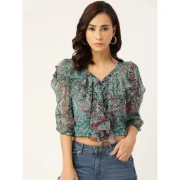 Antheaa Teal Green & Pink Printed Flared Sleeve Chiffon Regular Top-picture-12