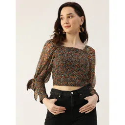 Antheaa Women Black & Blue Abstract Print Smocked Crop Top-image-24