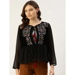 Antheaa Women Black & Blue Embroidered Tie-Up Shrug-image-7