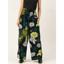 Antheaa Women Black & Green Floral Printed Comfort Smocked Flared High-Rise Trousers-picture-19