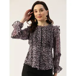 Antheaa Women Black & Lavender Floral Print Bishop Sleeves Peplum Top-image-48