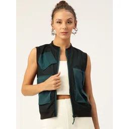 Antheaa Women Black & Teal Green Colourblocked Jacket-image-45