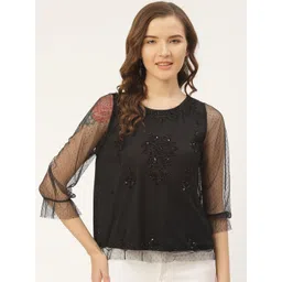 Antheaa Women Black Embellished Net Layered Top-image-9