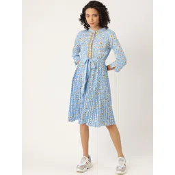 Antheaa Women Blue & White Floral Print Accordion Pleated Fit and Flare Dress & Belt-picture-39