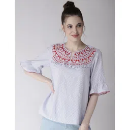 Antheaa Women Blue & White Striped A-Line Top-image-11