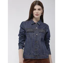Antheaa Women Blue Solid Embellished Denim Jacket-picture-24