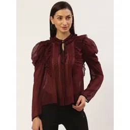 Antheaa Women Burgundy Self Design Semi-Sheer Top-picture-19