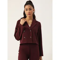 Antheaa Women Burgundy Solid Double Breasted Casual Blazer-image-34