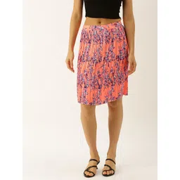 Antheaa Women Coral Orange & Pink Floral Printed & Pleated A-Line Skirt-picture-25